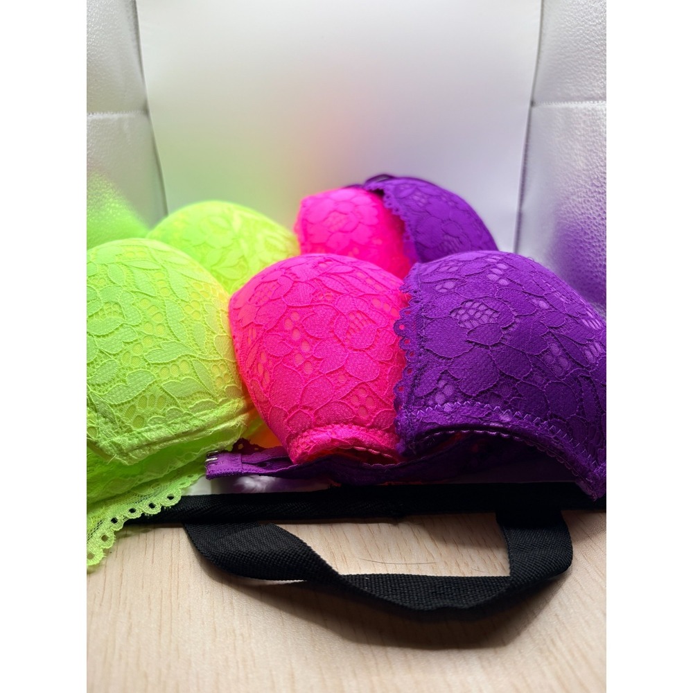 Set of 3 Colorful Bras - Hot Pink, Purple, Bright Yellow Sz US 36 C